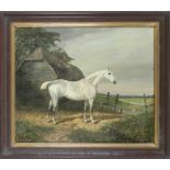 Unidentified artist late 19th century, Landscape with a white horse in front of its stable, oil on