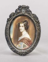 Miniature, 19th century, polychrome tempera painting on bone plate, unopened, oval portrait of