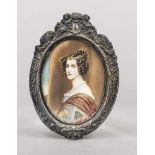 Miniature, 19th century, polychrome tempera painting on bone plate, unopened, oval portrait of