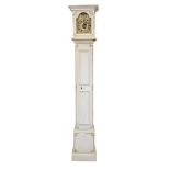 Slim grandfather clock, white with painted gold frame, dial marked ''1702 N.L.B.'', gilded wooden