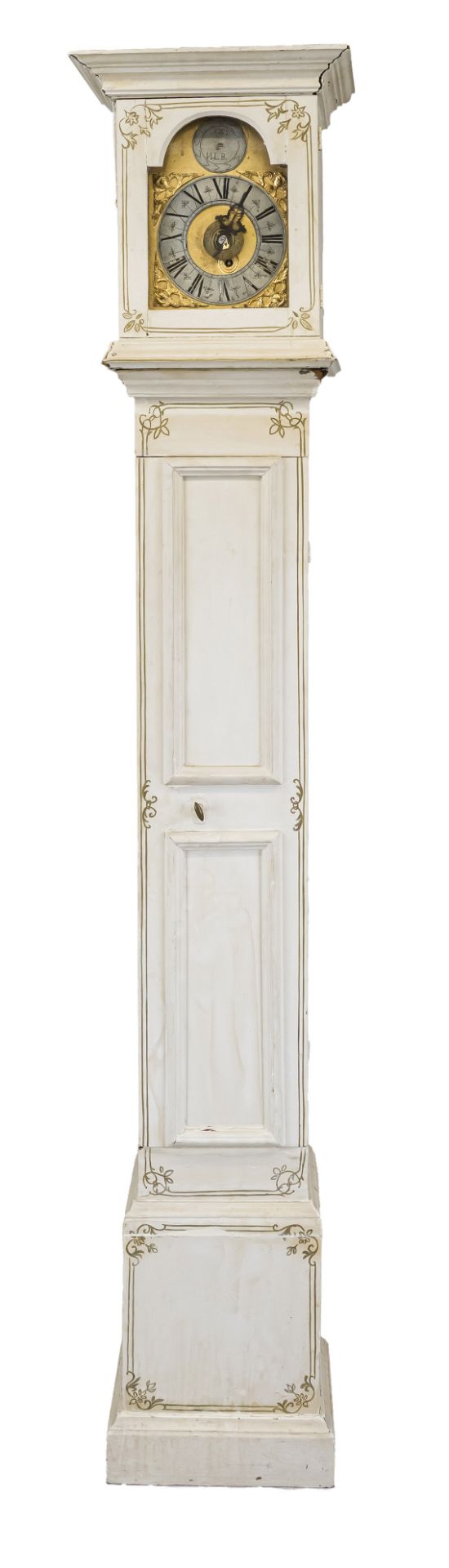 Slim grandfather clock, white with painted gold frame, dial marked ''1702 N.L.B.'', gilded wooden