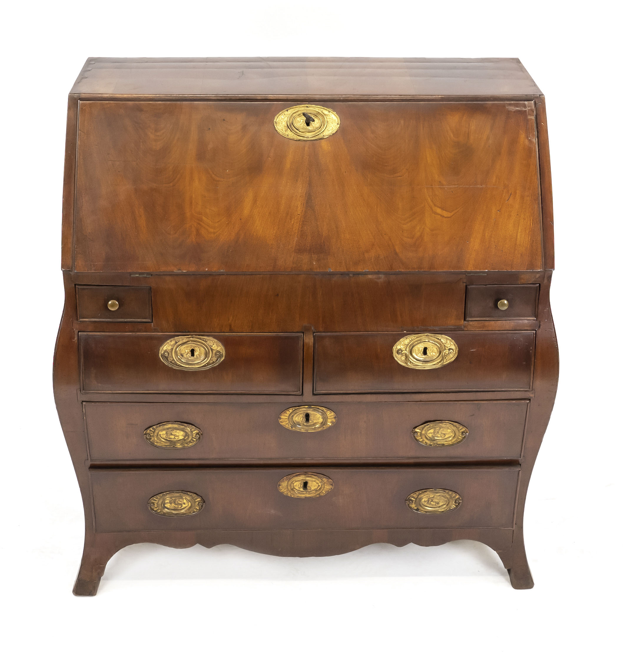 Baroque slanting flap secretary, 18th century, solid mahogany/veneered, cambered body with 7