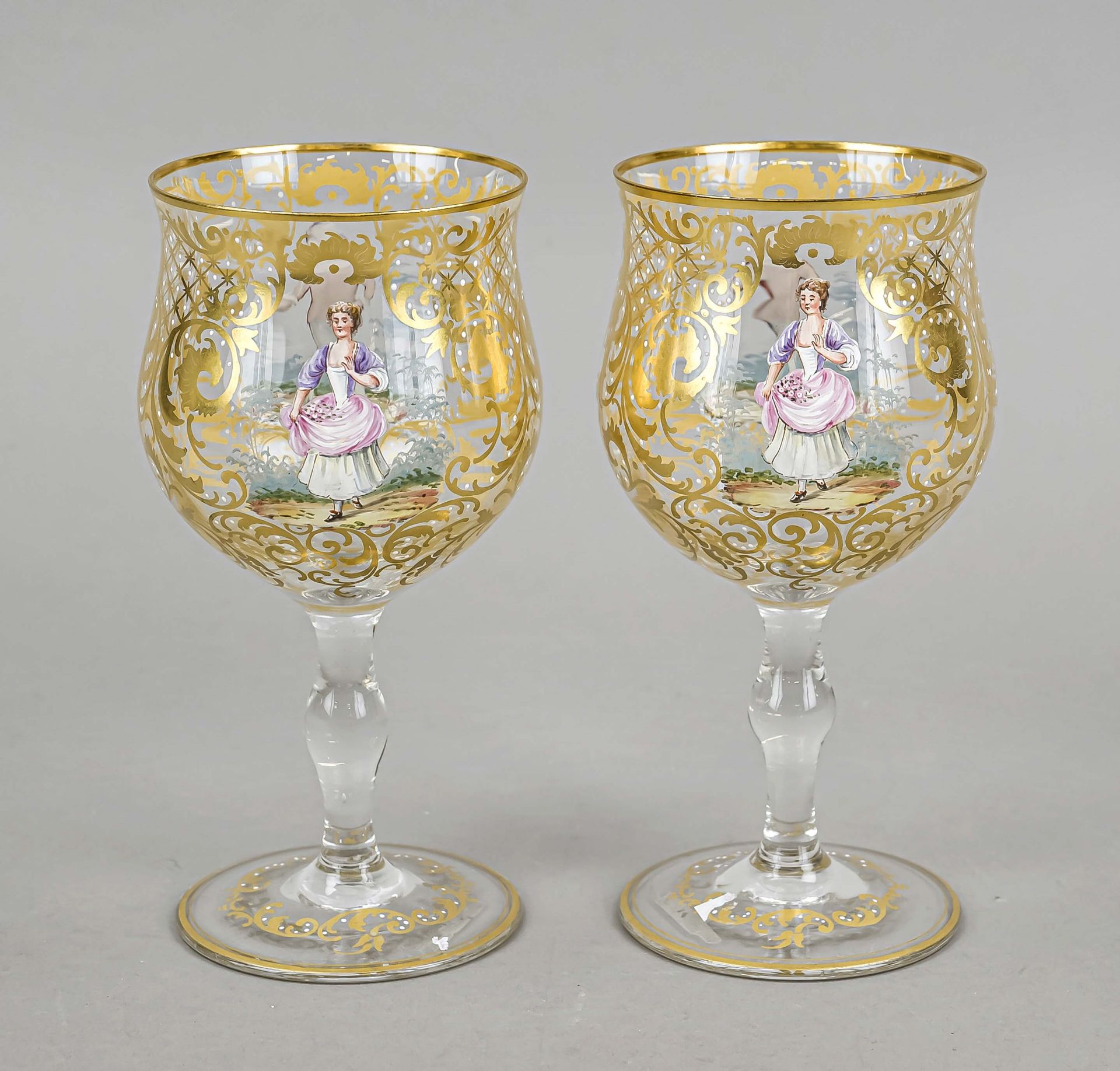 Pair of wine goblets, late 19th century, round disk stand, baluster stem, bell-shaped dome, clear - Image 2 of 2