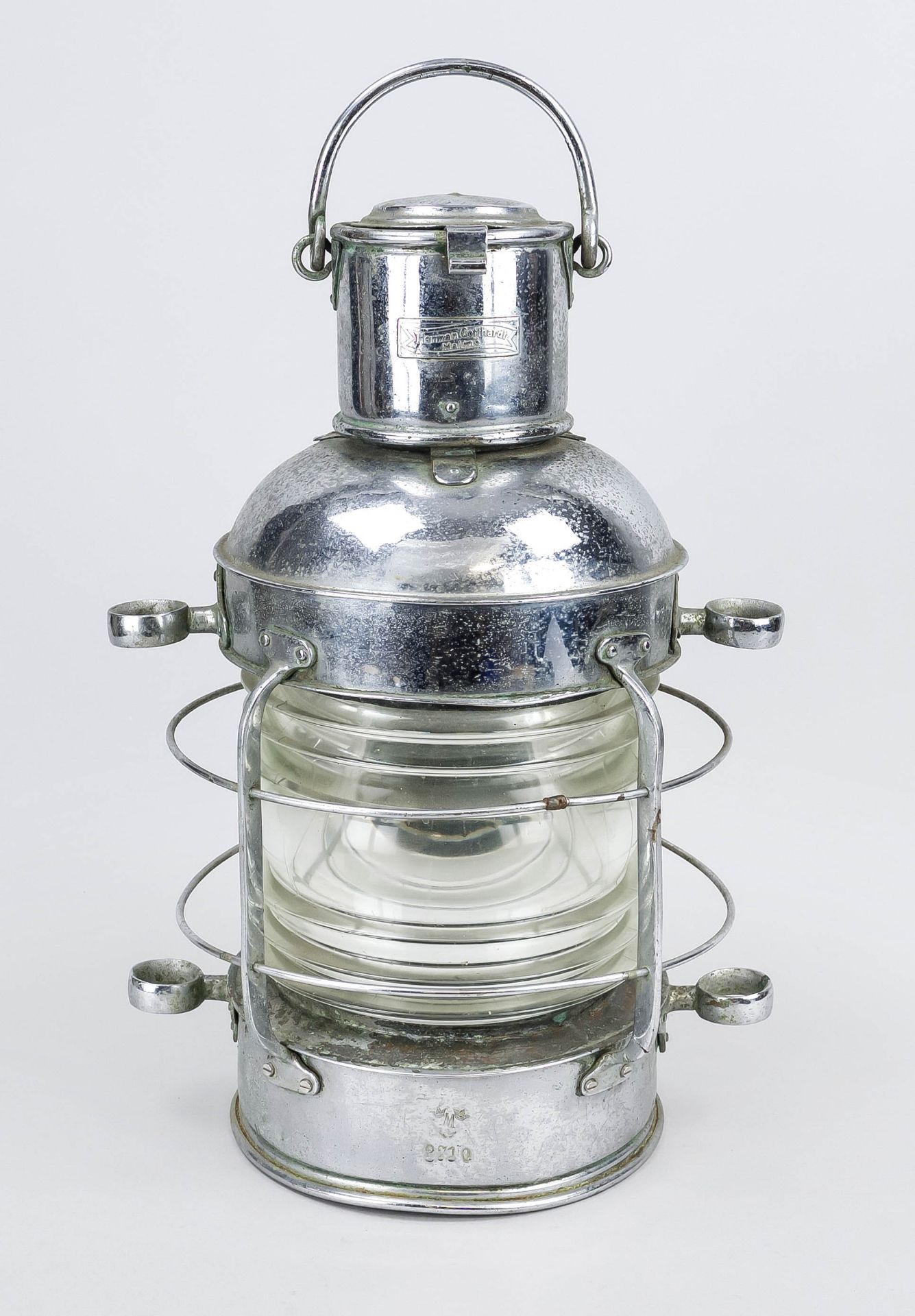 Ship's lantern, 20th century, nickel-plated metal, maker Hermann Gotthardt Malmö, fuel vessel