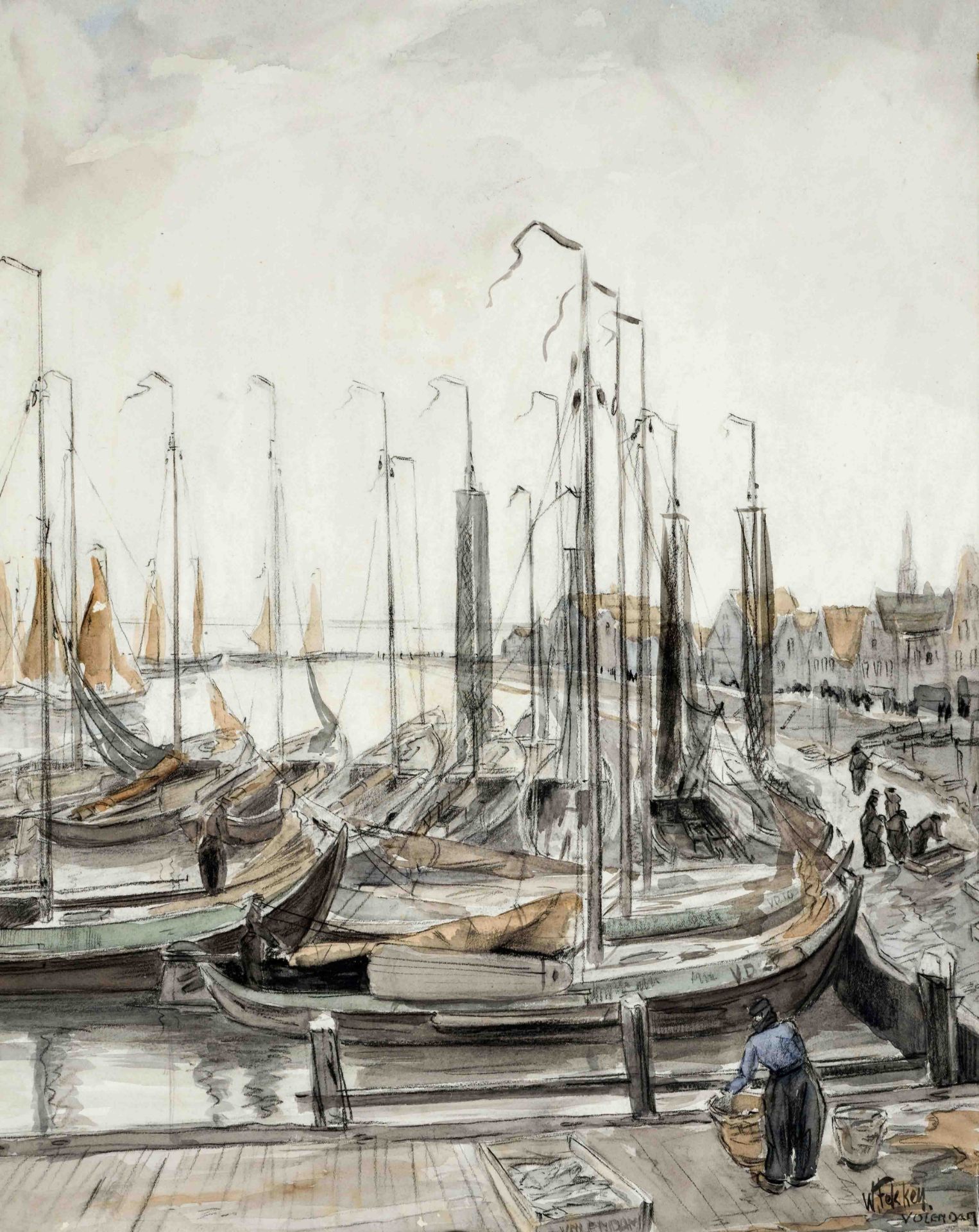 Willem Fekken (1908-1999), Dutch painter from Amsterdam, Sailboats in the harbor of Volendam,