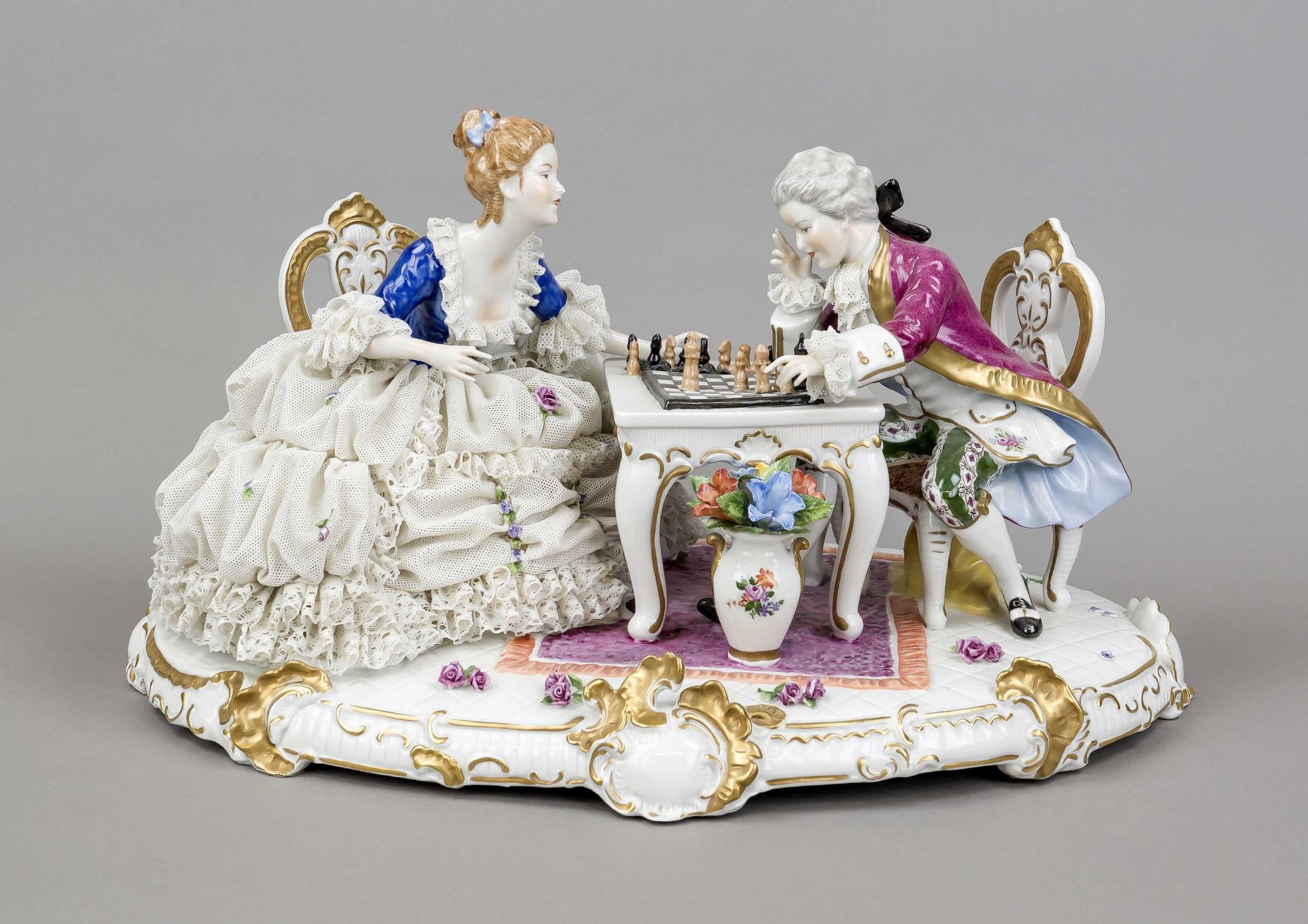 Chess game, Unterweißbach, Thuringia, mark 1962-90, elegant lady and cavalier in rococo dress