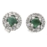 Emerald diamond stud earrings WG 585/000 with 2 round faceted emeralds 3.2 mm in a darker green,