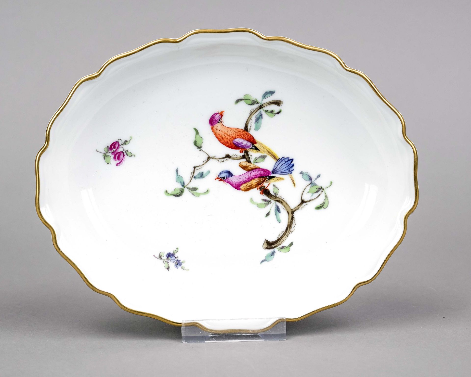 Oval bowl with wavy rim, Nymphenburg, mark 1976-1997, polychrome painting with birds on a branch