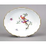 Oval bowl with wavy rim, Nymphenburg, mark 1976-1997, polychrome painting with birds on a branch