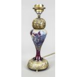 Art Nouveau table lamp base, France, brass mounting, clear frosted glass body, partly with violet