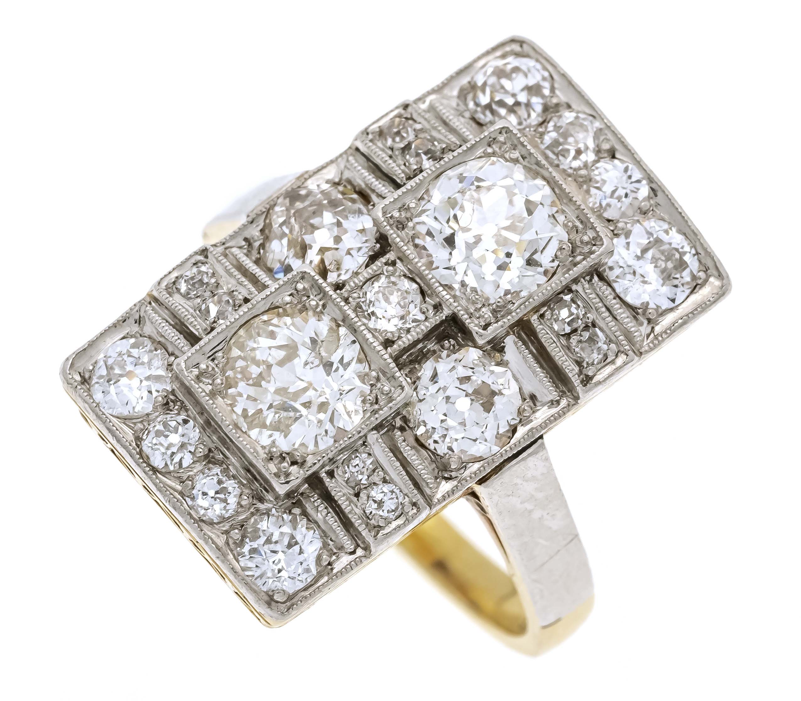 Art Déco old-cut diamond ring GG/WG 585/000 with 2 old-cut diamonds, totaling 1.40 ct slightly