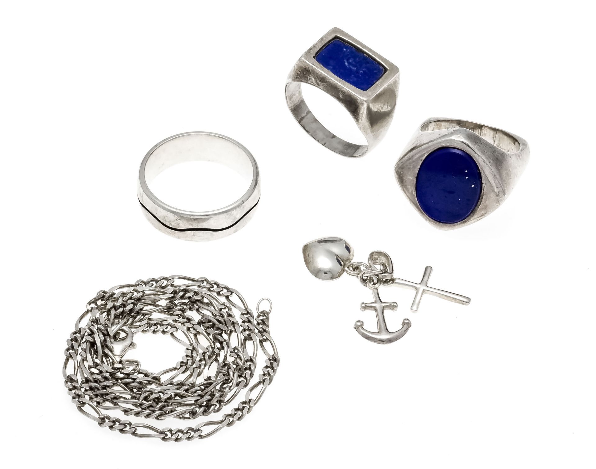 5-piece silver set with 2 lapis lazuli discs, 3 rings RG 64 and 2 x 62, pendant ''Love, Faith,