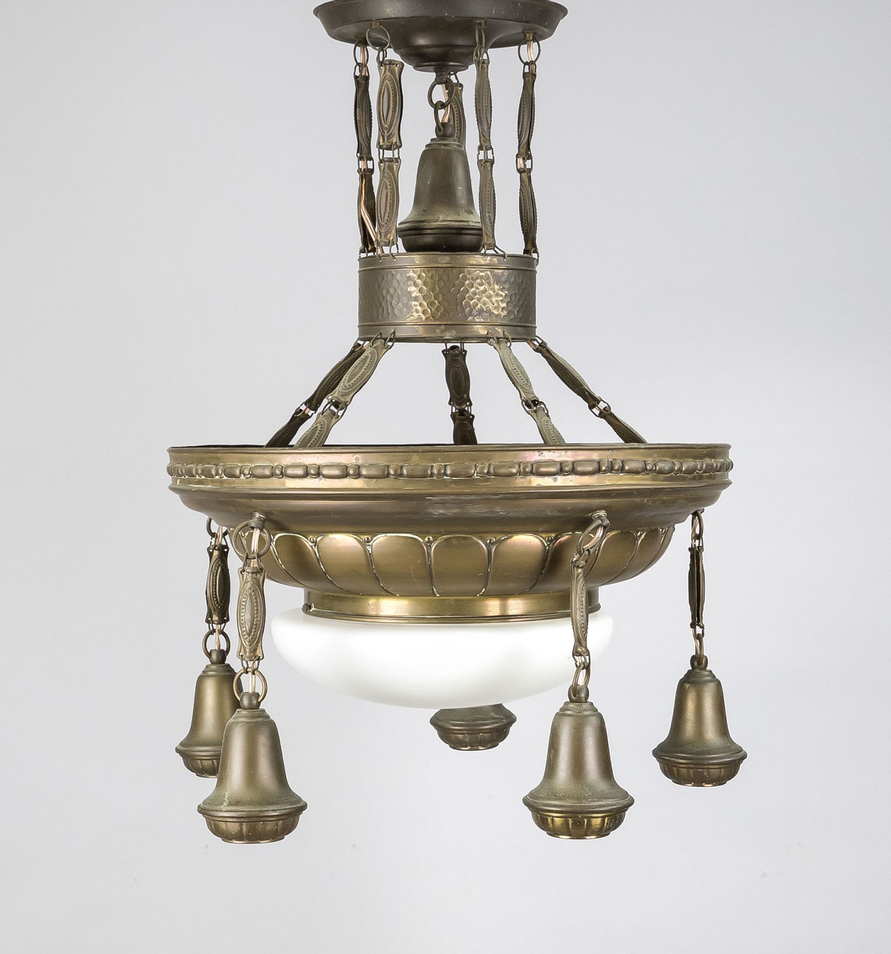 Ceiling lamp, late 19th century, wreath and large, ornamented brass socket with frosted glass