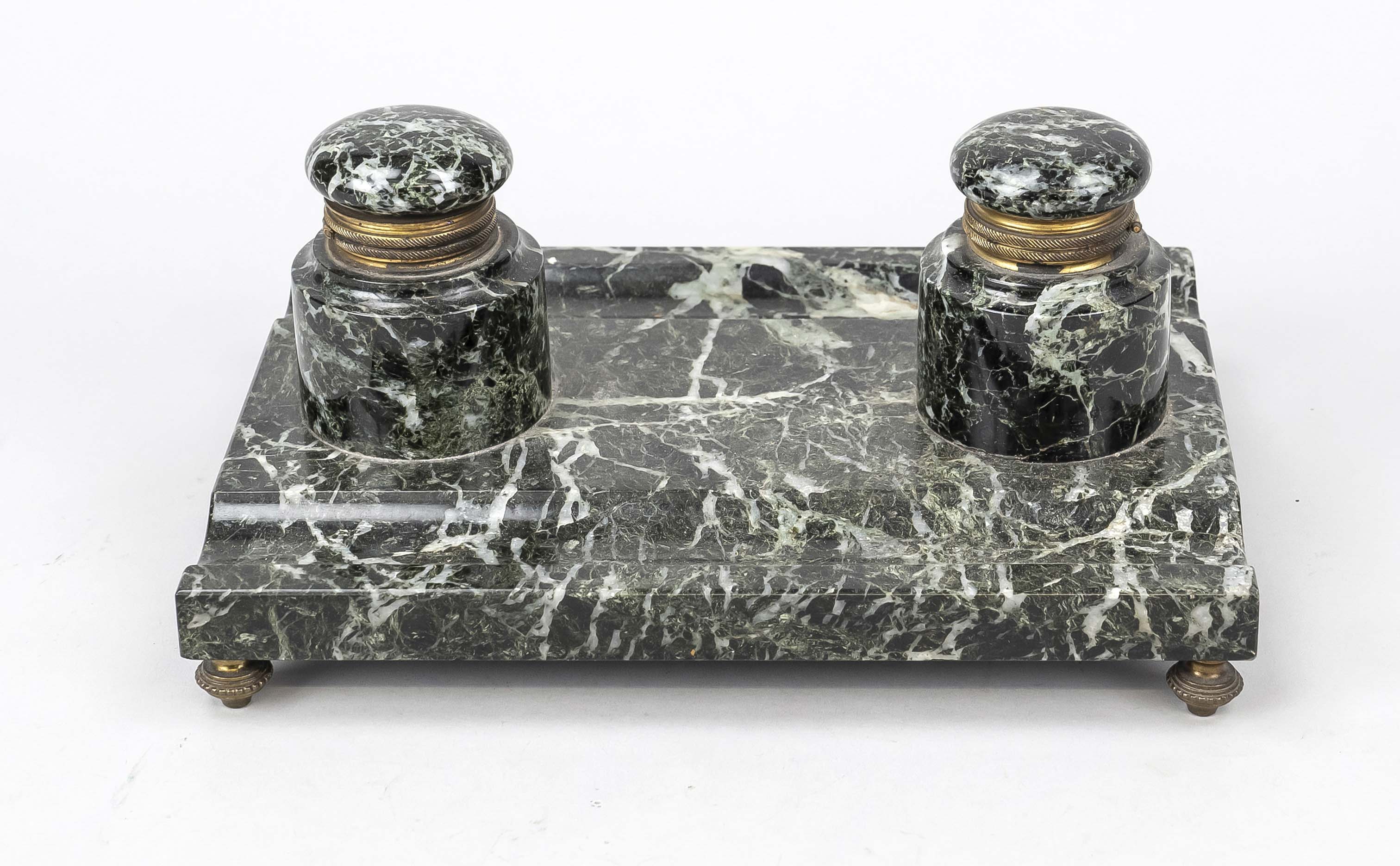 Writing set, 19th century, green marble with white veining, inkwells with bronze mountings, two