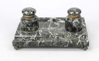 Writing set, 19th century, green marble with white veining, inkwells with bronze mountings, two