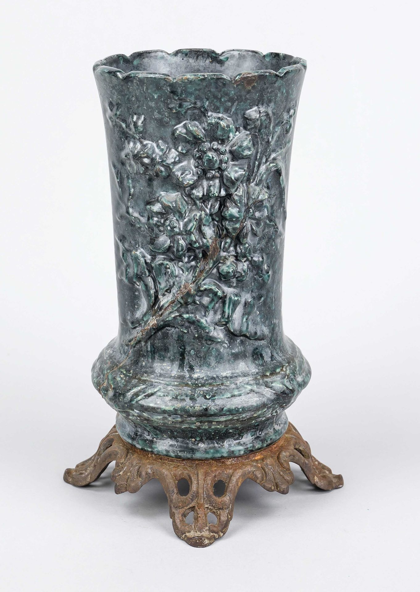 Enameled iron vase, probably Belgium/France, late 19th century, glazed in monochrome green on all
