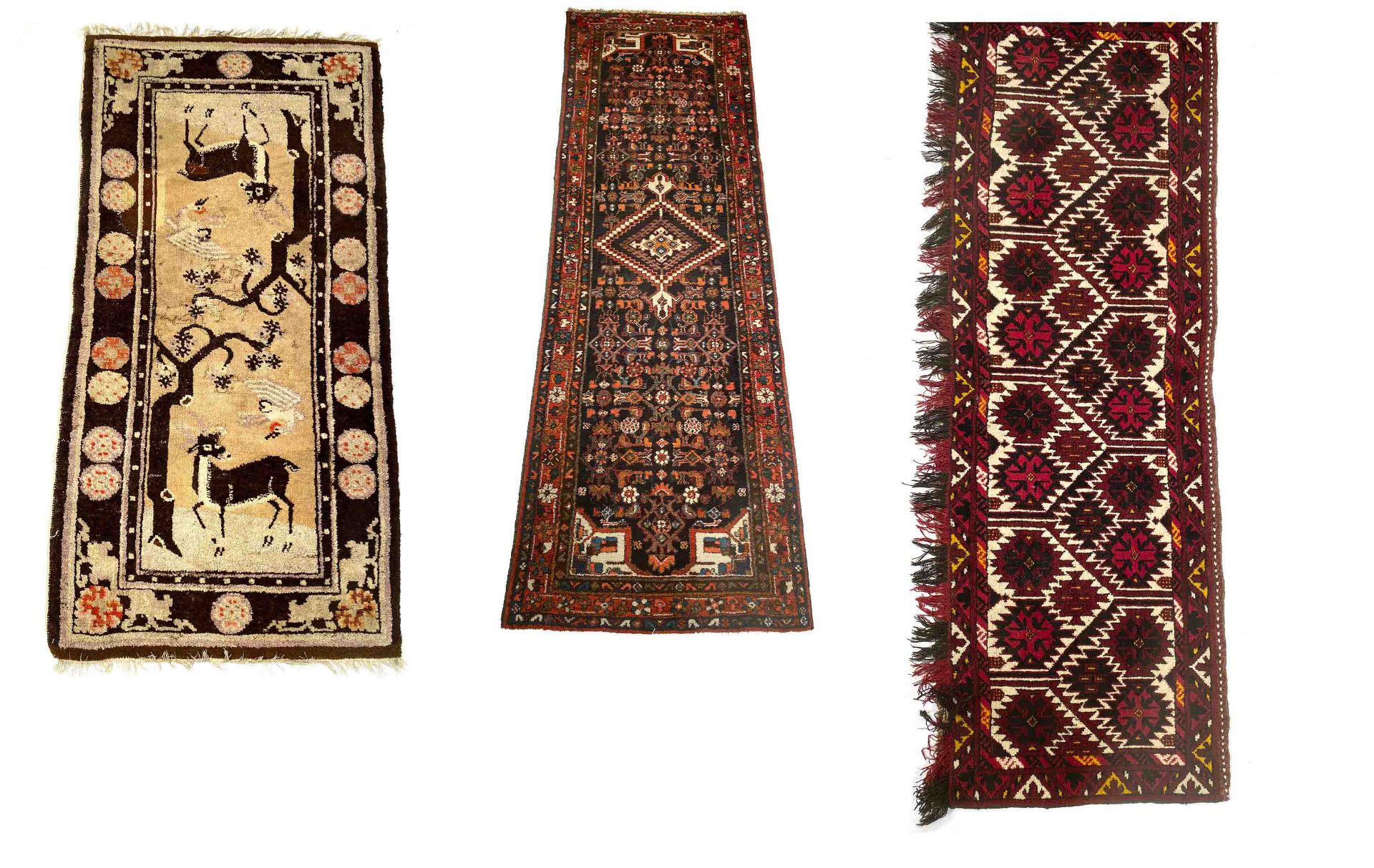 3 carpets: 1 x Turkmen Torba, good condition, 154 x 48 cm. 1 x China, heavily worn, 126 x 64 cm. 1 x