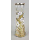 Large vase, round stand, curved shape, clear glass with polychrome floral cold enamel painting and
