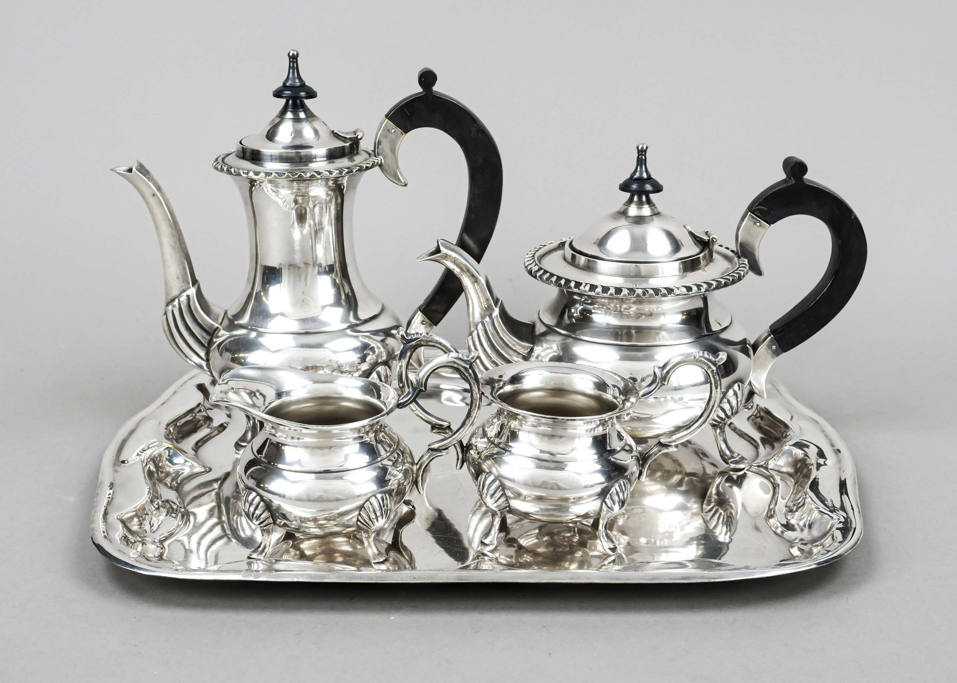 Four-piece coffee and tea set on tray, 20th century plated, each vessel on 4 decorated feet, bulbous
