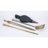 Fireplace set, 19th century, consisting of bellows with leather and tongs, brass poker and shovel.