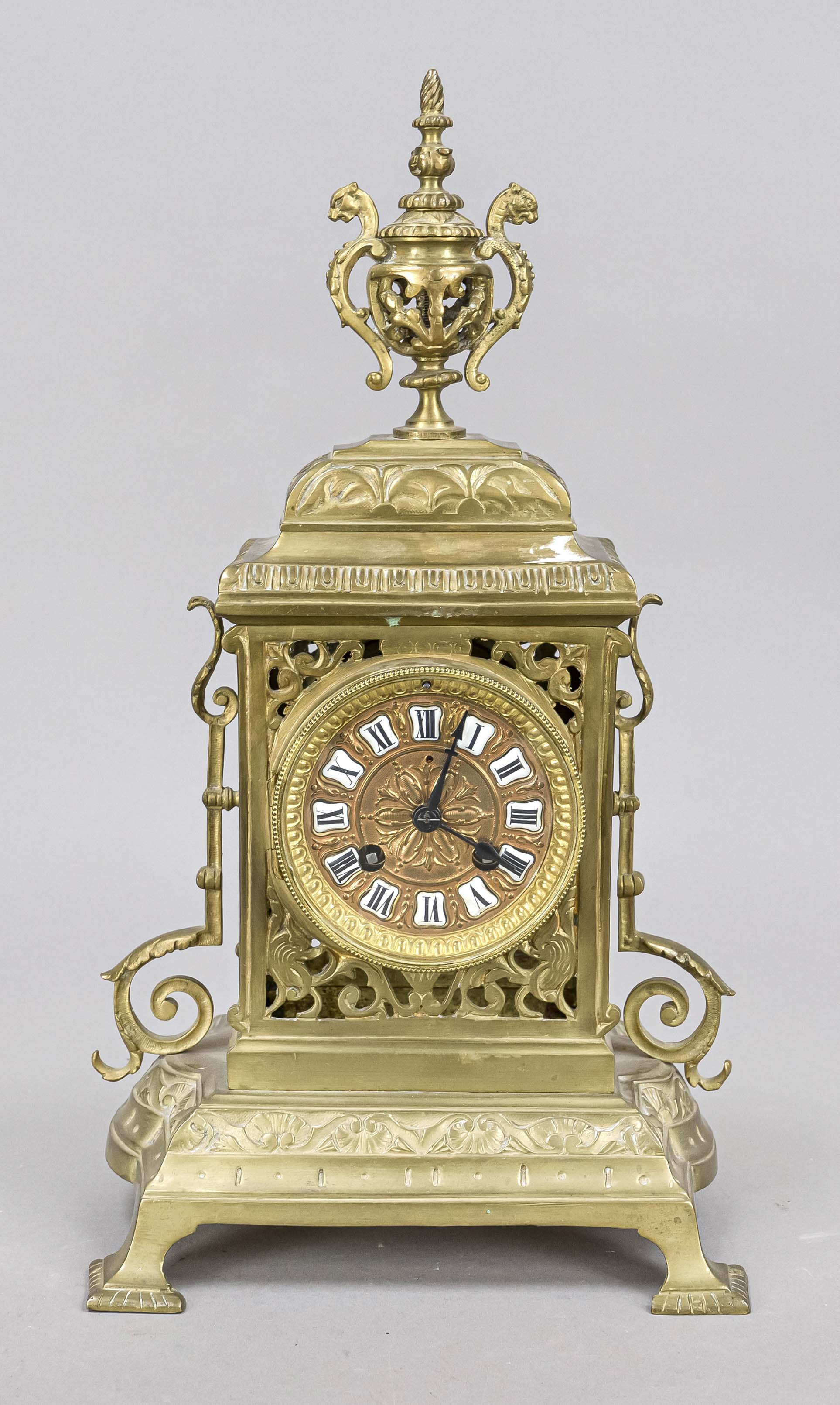Brass table clock, c. 2nd half 19th century, cast case with openwork, decorated with rocailles,