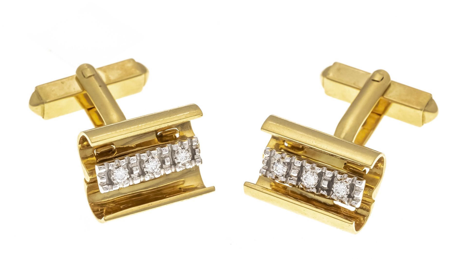 Design cufflinks GG/WG 750/000 barrel-shaped, hinged on the front with 6 brilliant-cut diamonds,