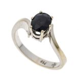 Sapphire ring WG 750/000 with an oval faceted sapphire 7.6 x 6.1 mm dark blue, opaque, RG 55, 4.7 g