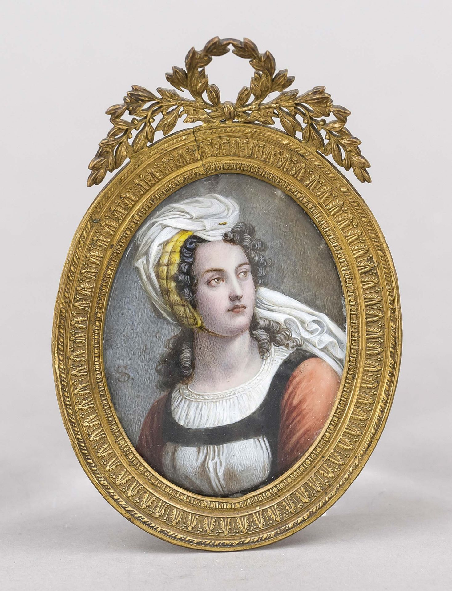 Miniature, 19th century, polychrome tempera painting on bone plate, unopened, oval bust portrait