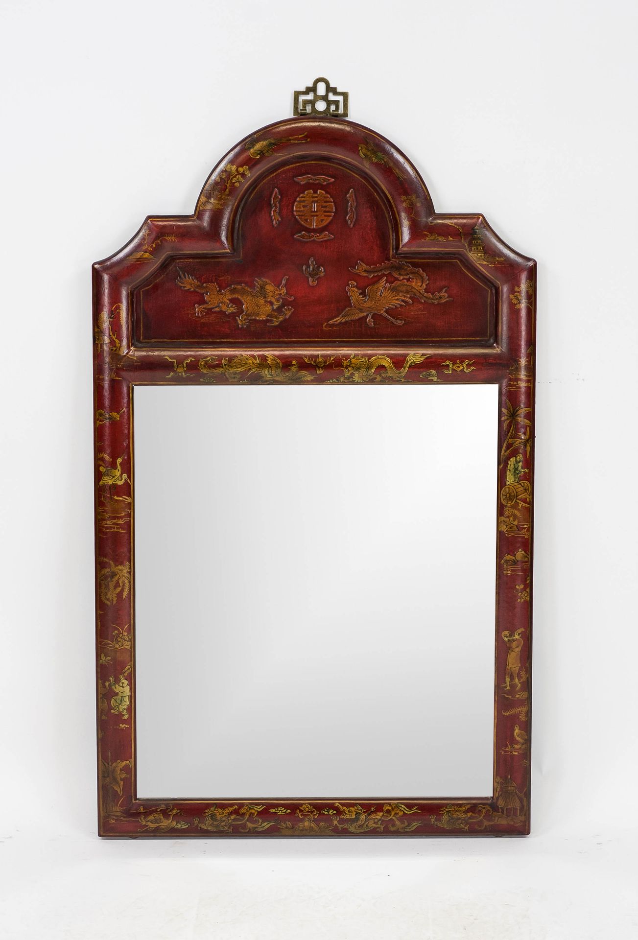 Mirror, China 20th century, red lacquered frame with dragon and phoenix, 104 x 61 cm