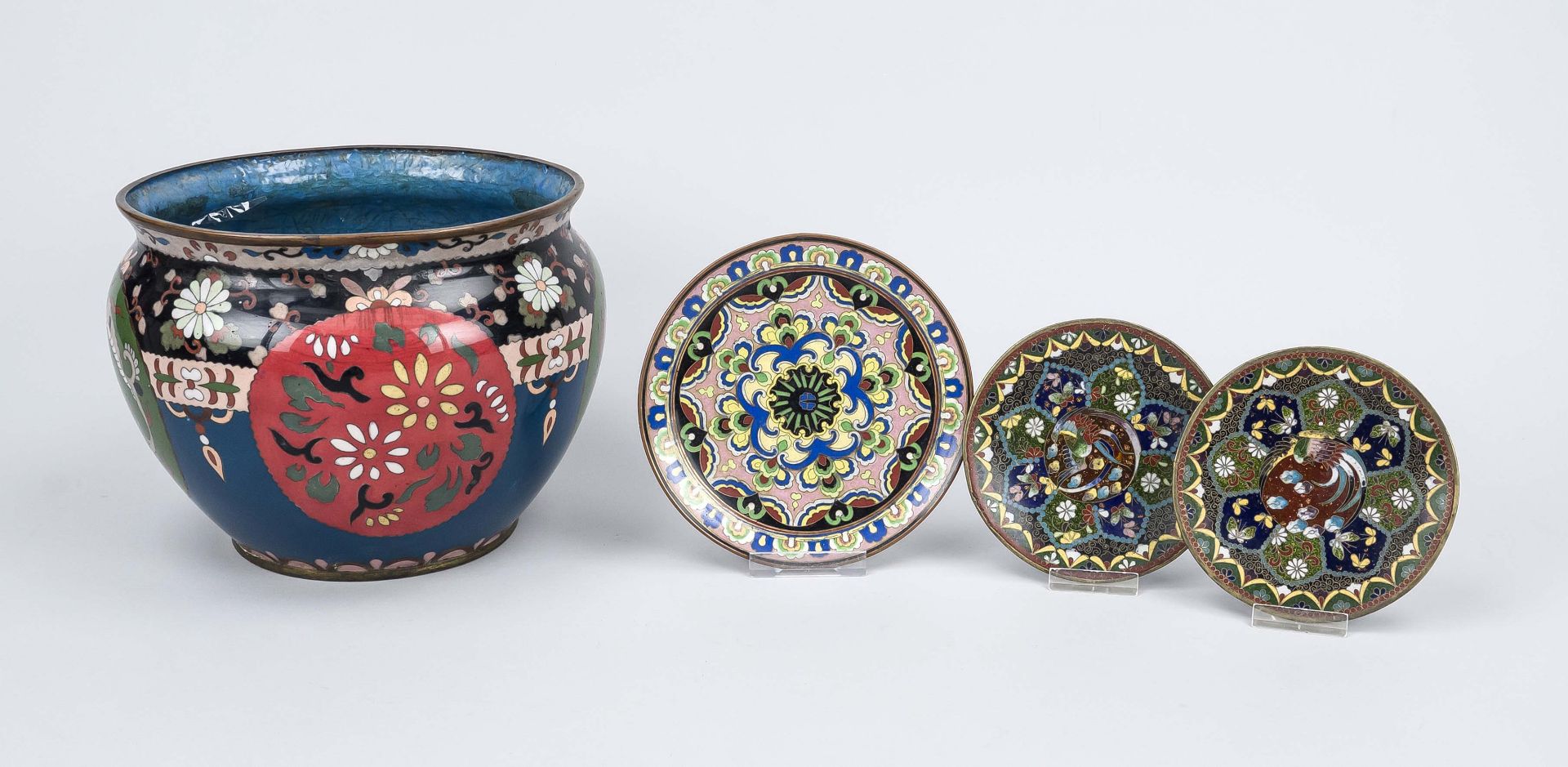 4 pieces Cloisonné, Japan, late 19th century (Meiji). 1 x cachepot, rubbed and slightly chipped,