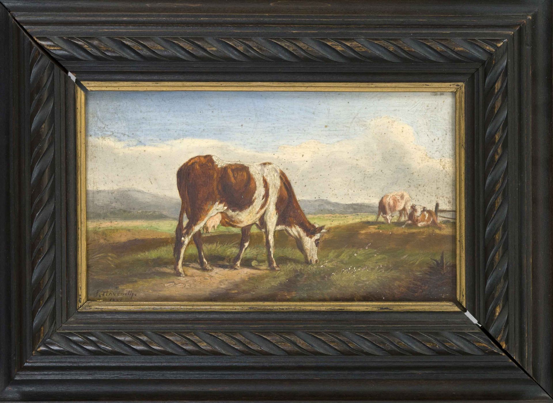 J. Havenith, 19th century, Landscape with sheep, oil on wood, signed and dated 1881 lower left, 11 x