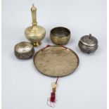 Mixed lot of brass bowls, lidded vase and a gong, 19th/20th century, probably Indo-Pomeranian. Two