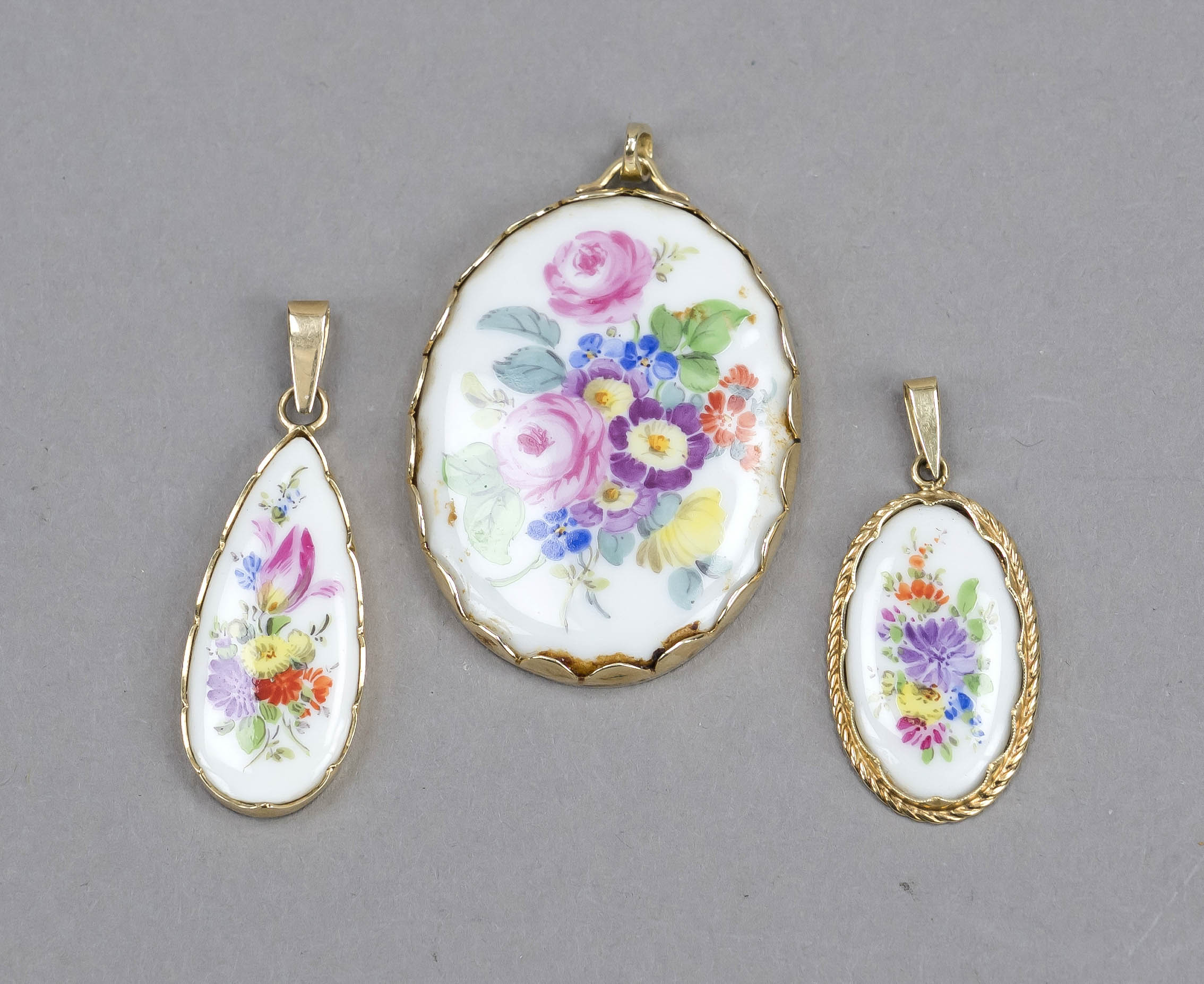 Three miniature painting pendants, Meissen, marks after 1934, 1st choice, miniature plaques with