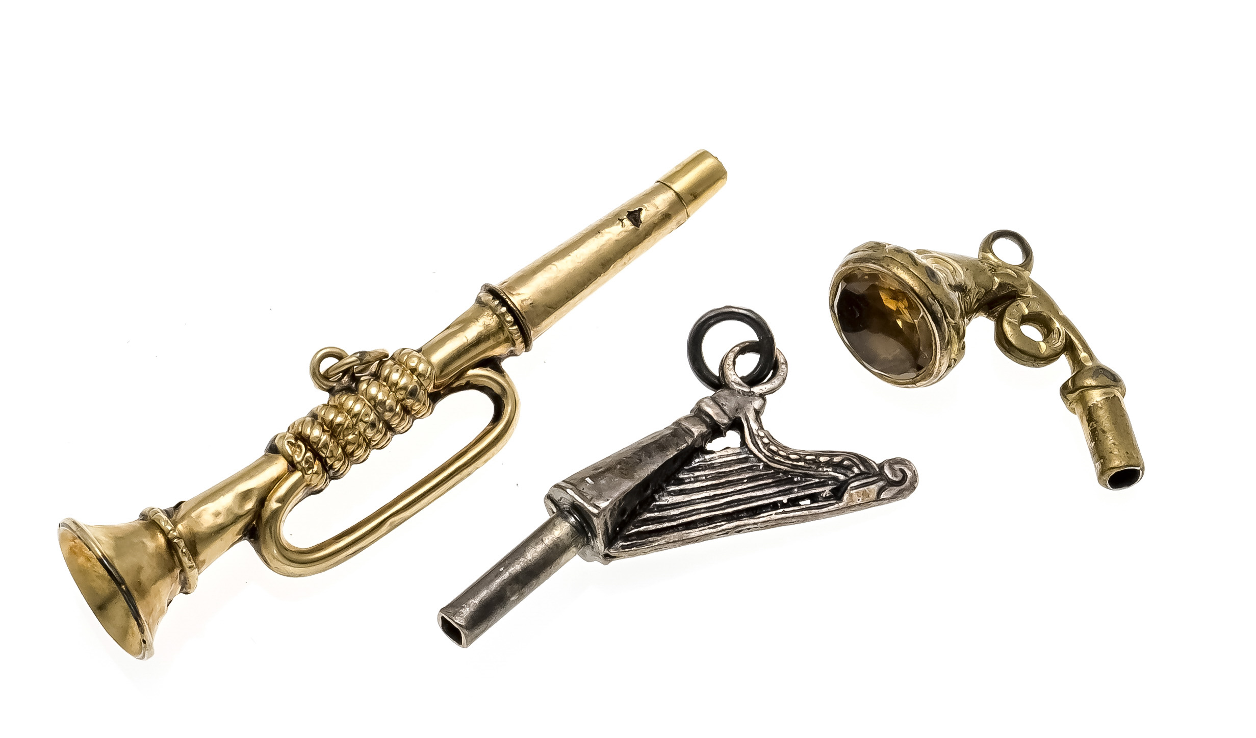 3 antique pocket watch keys, musical instruments, 19th century, various materials such as silver,