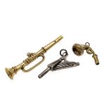 3 antique pocket watch keys, musical instruments, 19th century, various materials such as silver,