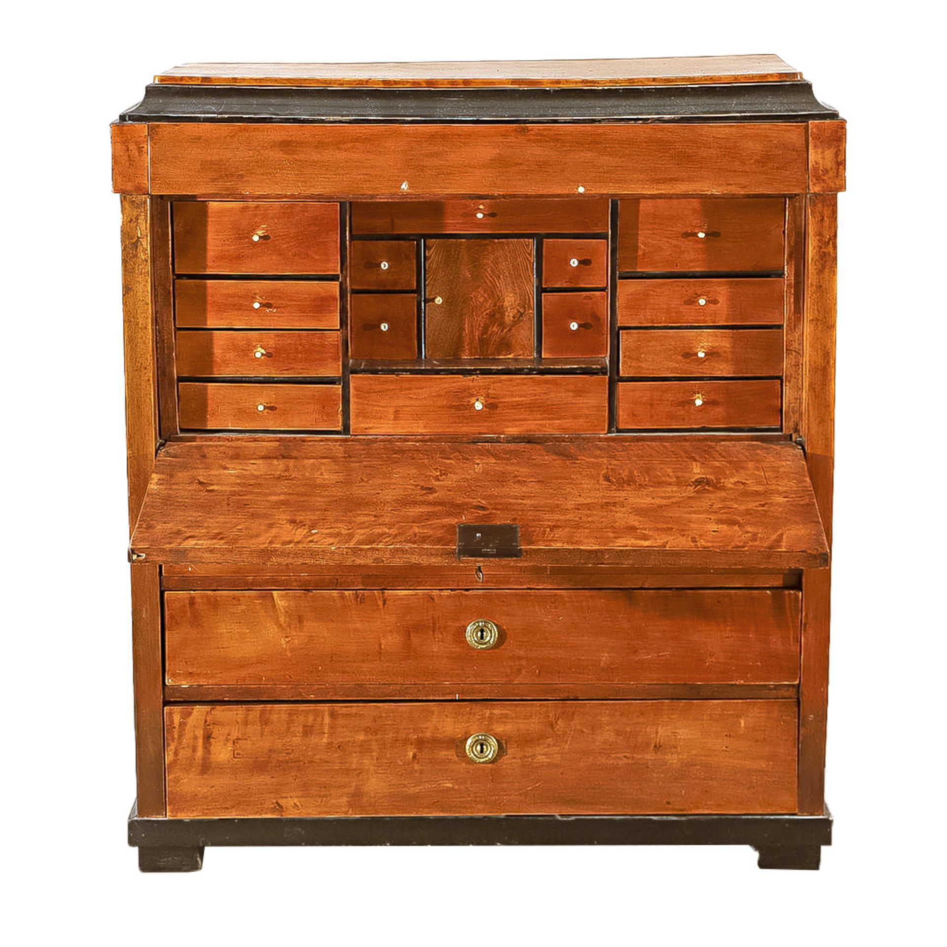 North German high chest of drawers in Biedermeier style, mahogany veneer, key enclosed, signs of - Image 2 of 3