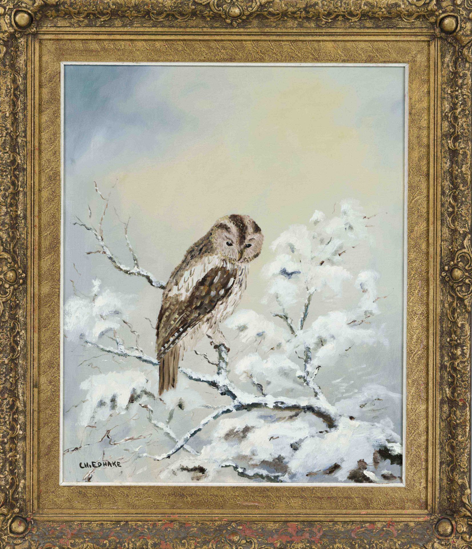 Ch. Edhake, 2nd half 20th century, Owl in a winter landscape, oil on canvas, signed lower left, 60 x