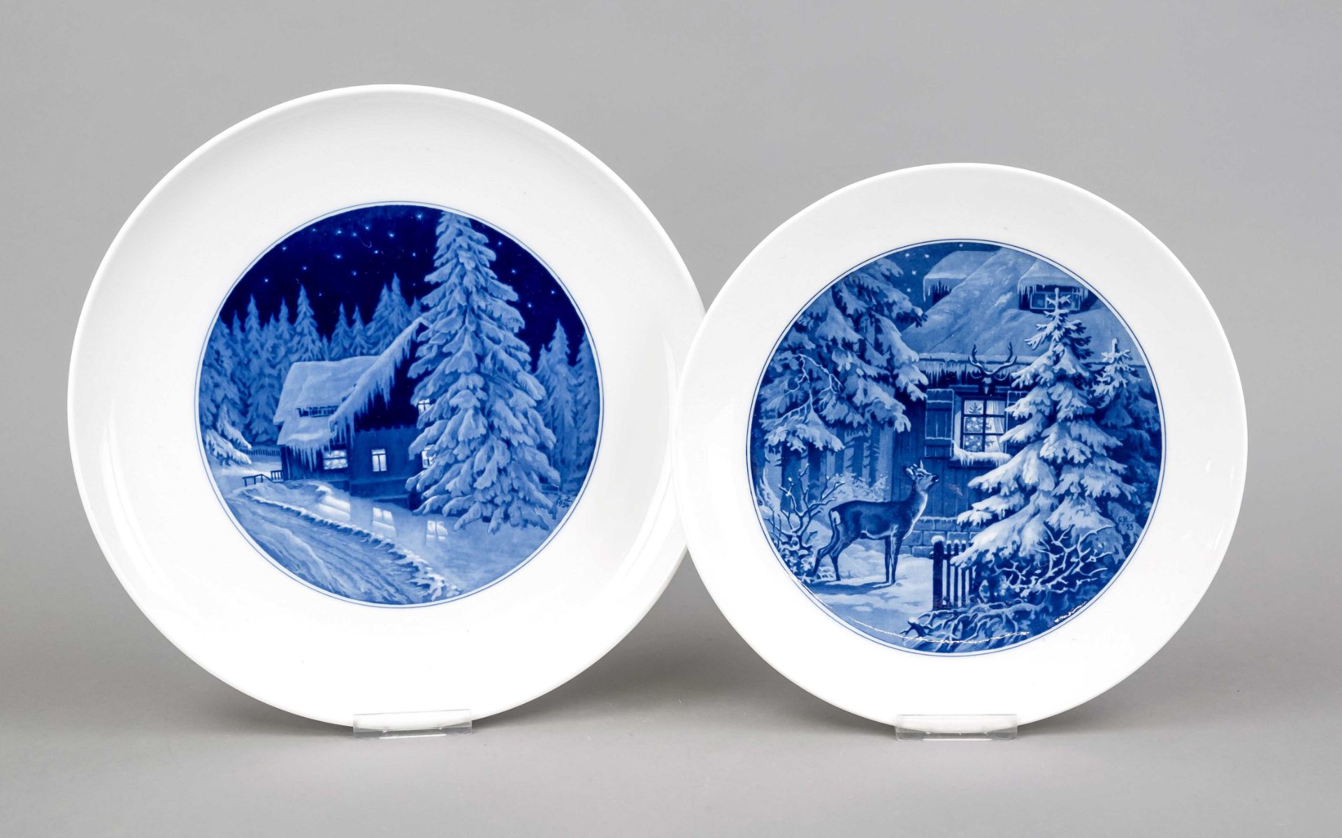 Two plates, Meissen, mark after 1934, Deputat, smooth shape with Christmas motifs in aquatint