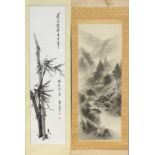 2 ink paintings, China 20th century, on silk. 1 x bamboo, 1 x rocky river landscape. Both signed/