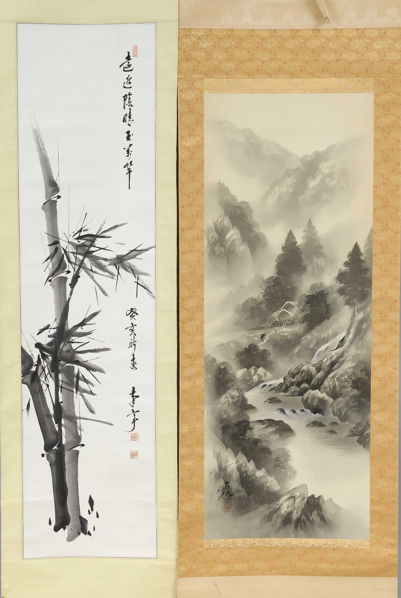 2 ink paintings, China 20th century, on silk. 1 x bamboo, 1 x rocky river landscape. Both signed/