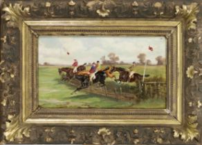 J. Stone, English painter late 19th century, Show jumper on the course, oil on wood, signed and