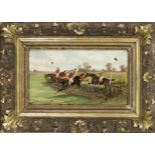 J. Stone, English painter late 19th century, Show jumper on the course, oil on wood, signed and