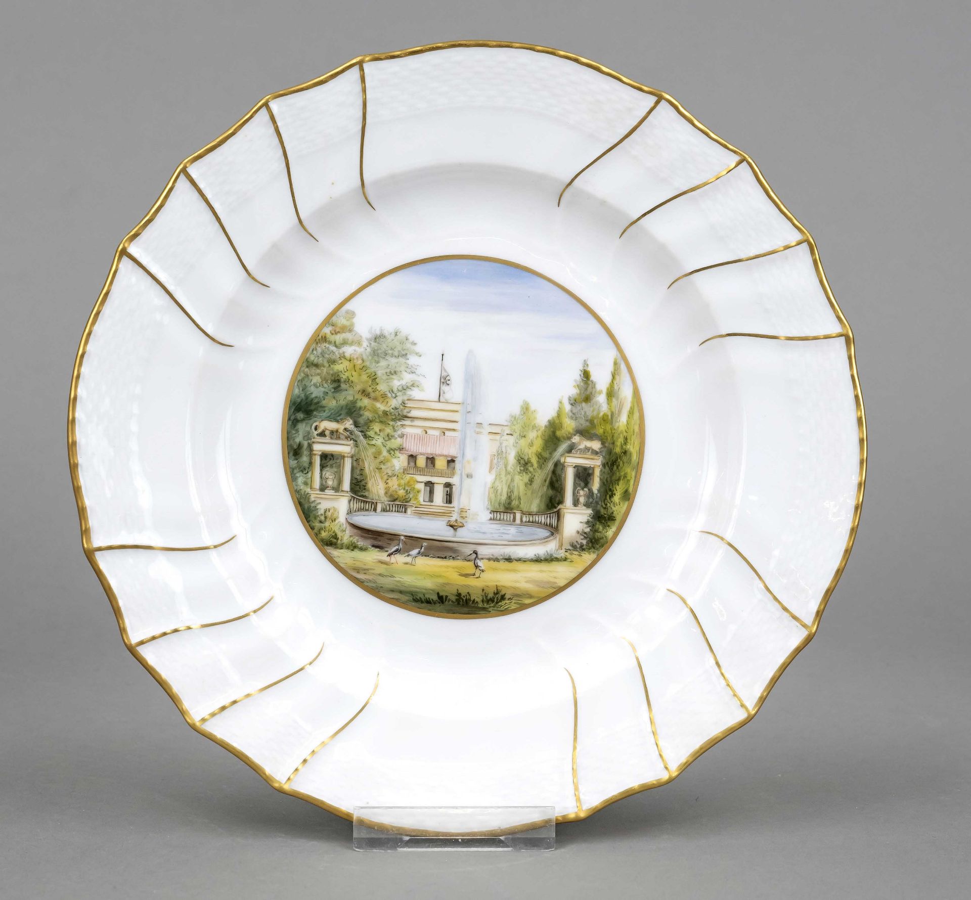 View plate, KPM Berlin, 19th century, Neuozier form, mirrored view of Glienicke Palace as the seat