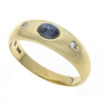 Band ring GG 585/000 with an oval gemstone cabochon 5.7 x 4.0 mm blue, translucent and 2 brilliant-