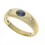 Band ring GG 585/000 with an oval gemstone cabochon 5.7 x 4.0 mm blue, translucent and 2 brilliant-