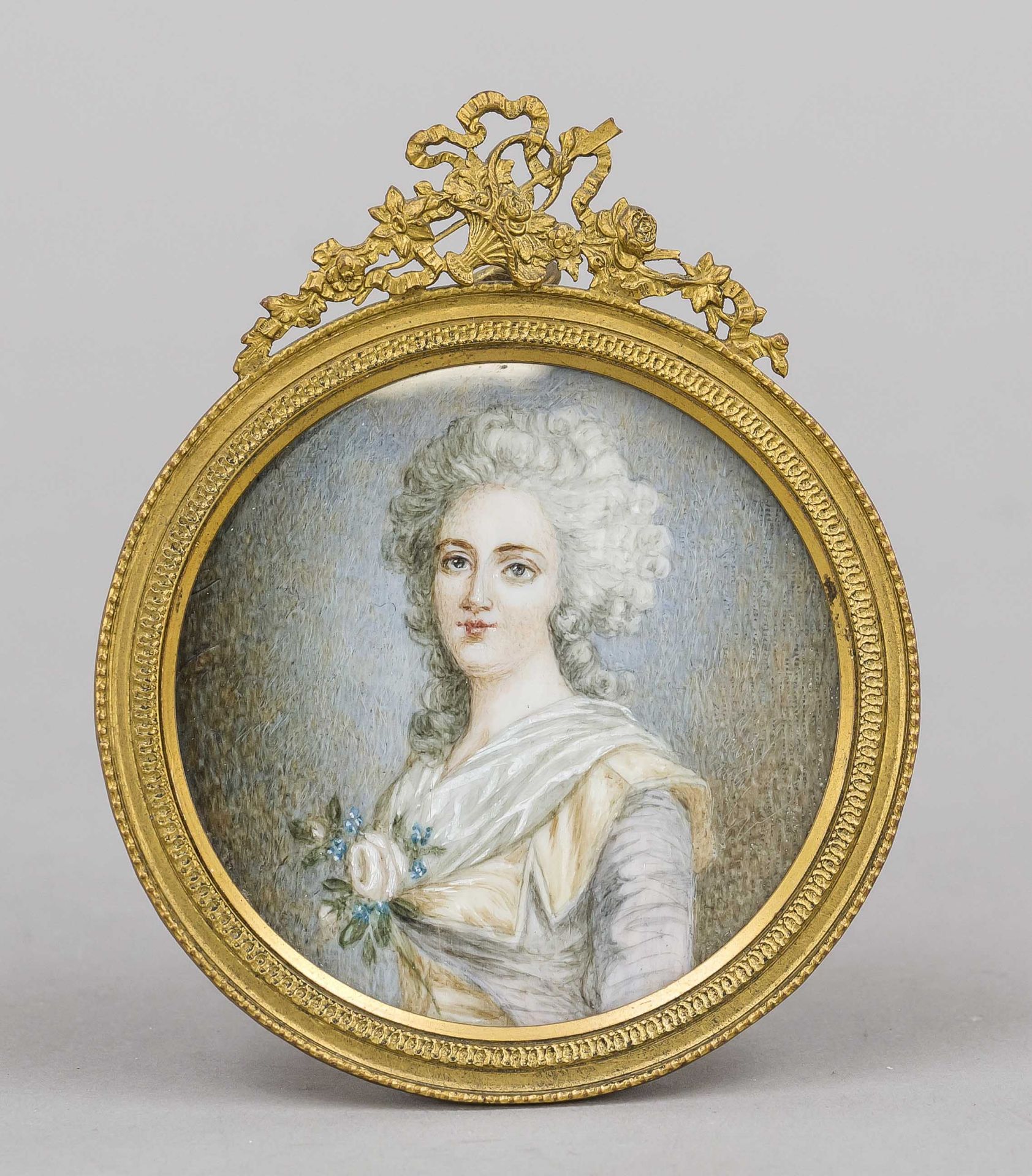 Miniature, 19th century, polychrome tempera painting on bone plate, unopened, round bust portrait of