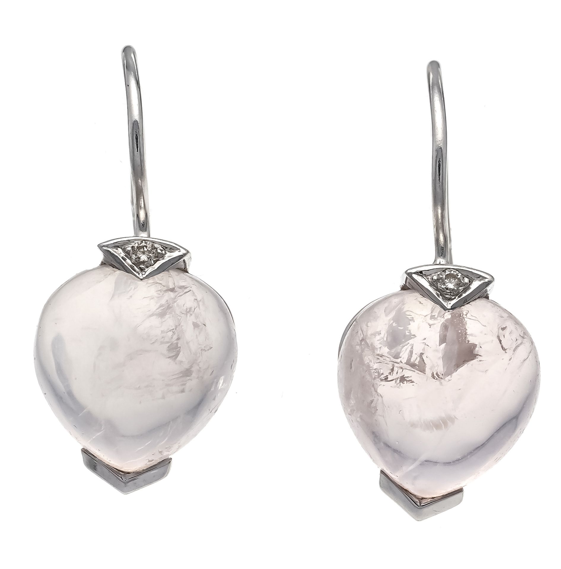 Rose quartz diamond ear pendant WG 585/000 with 2 drop-shaped rose quartz cabochons 11 x 10 mm and 2