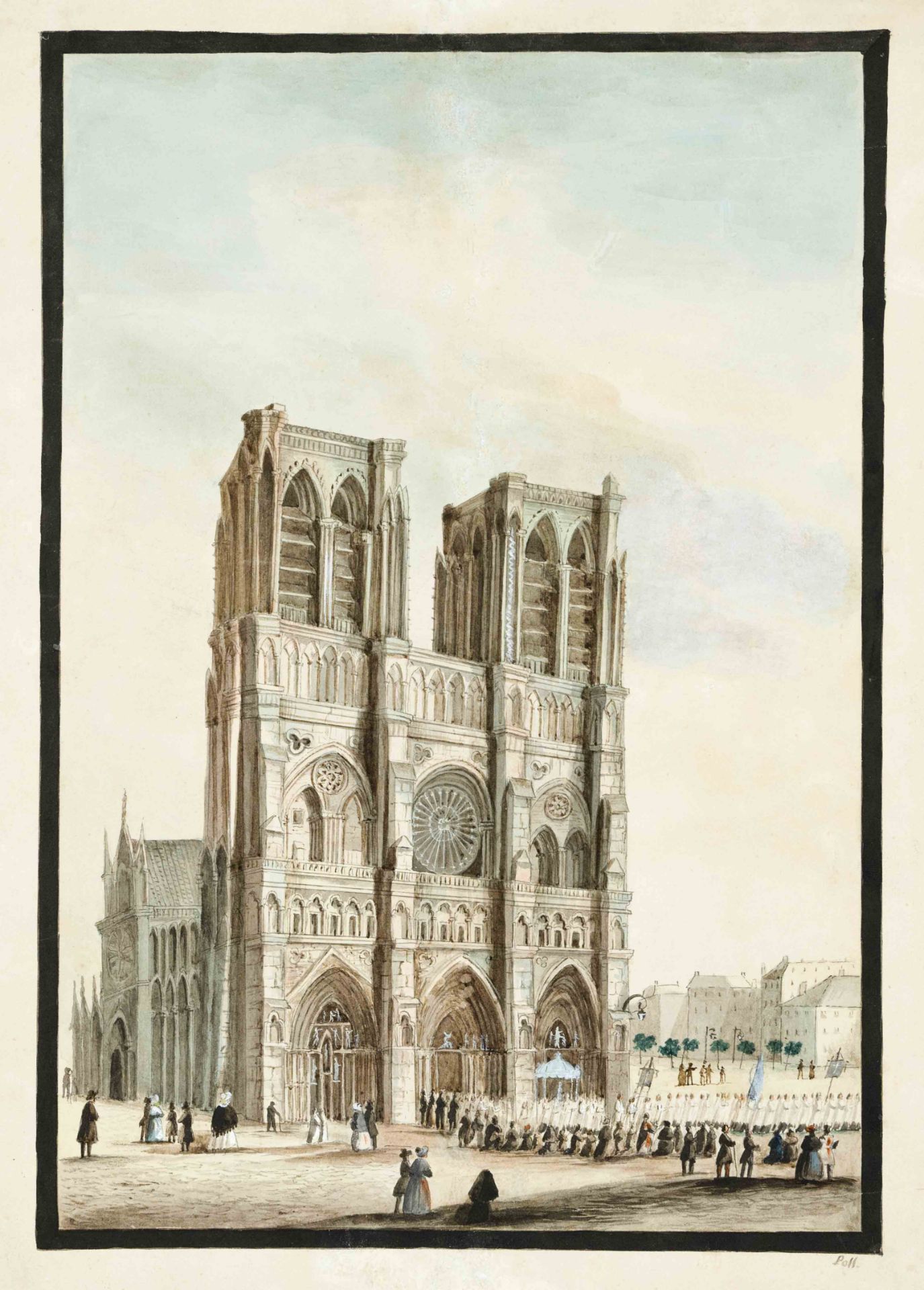 signed Poll, veduta painter 1st half 19th century, view of Notre Dame with a procession in front