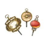 3 large antique pocket watch keys, 19th century, with large stones such as citrine, agate, mother-