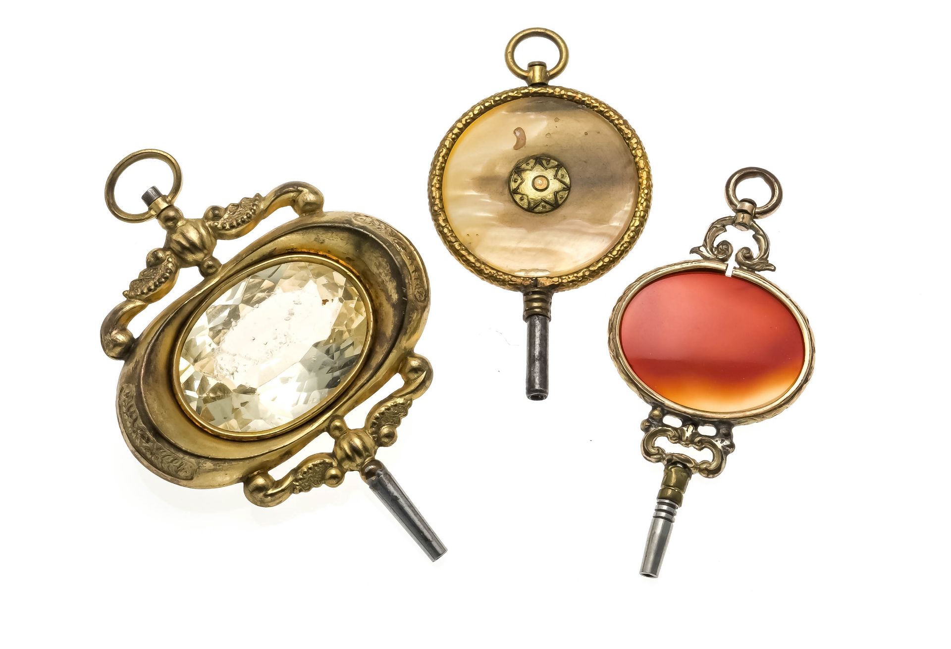 3 large antique pocket watch keys, 19th century, with large stones such as citrine, agate, mother-